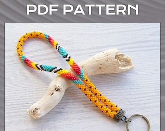Bead Crochet native style key holder pattern, PDF orange tribal wristlet key fob, Colorful Key chain pattern, PDF DIY Keychain pattern