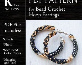 DIY Bead Crochet Pattern, PDF Pattern for patchwork hoop earrings, Seed Beads large Hoop Earrings PDF pattern files, Beaded big Hoops