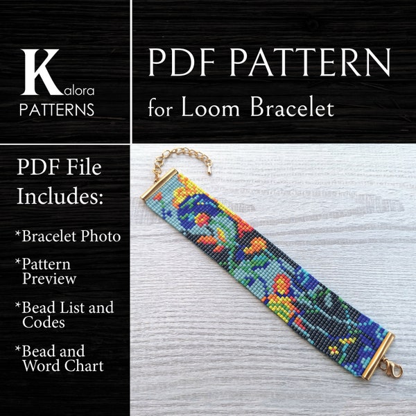 Patrón impresionista de bralelet de telar de flores, patrón PDF de Miyuki Delica, patrón de pulsera con estampado floral, descarga instantánea de puño de muñeca con cuentas