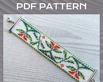 Geometric Flower Loom Bead Pattern, Miyuki Delica Bracelet PDF Pattern, Floral print bracelet pattern, Beading wrist cuff instant download
