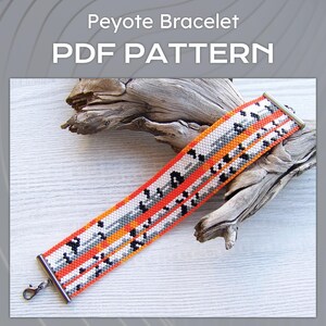 May include: A beaded Peyote bracelet with a geometric pattern in orange, white, gray, and black. The bracelet has a silver-tone clasp and is displayed on a light wood surface. The text "Peyote Bracelet PDF PATTERN" is at the top.