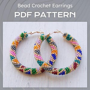 Bead Crochet Earrings Pattern, DIY Seed Beads large Shiny Geometric Hoop Earrings PDF pattern files, Beaded big Hoops ear rings project