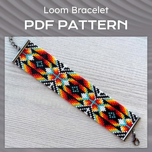 Kralenpatroon geometrisch weefgetouw, etnische optische Miyuki Delica kralenarmband pdf, doe-het-zelf modern kralenarmbandpatroon