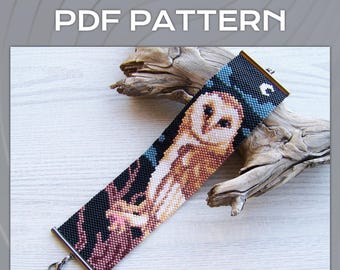 Peyote-Armbandmuster mit Schleiereule (gerade Zählung), Vogelarmbandmuster, Miyuki Delica Armband-PDF-Muster