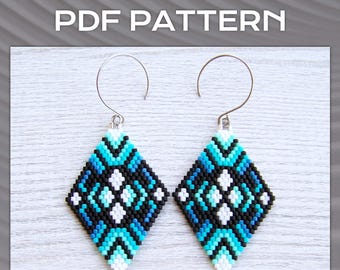 Geometric Brick Stitch Earrings PDF pattern, Turquoise gradient Boho earrings pattern, Rhombus Miyuki Delica Diamond Shaped Beaded pattern
