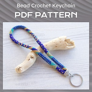 PDF Bead Crochet Key Holder pattern, Blue Gold Patchwork wristlet key fob, Key holder pattern, PDF DIY Keychain pattern, modern key chain