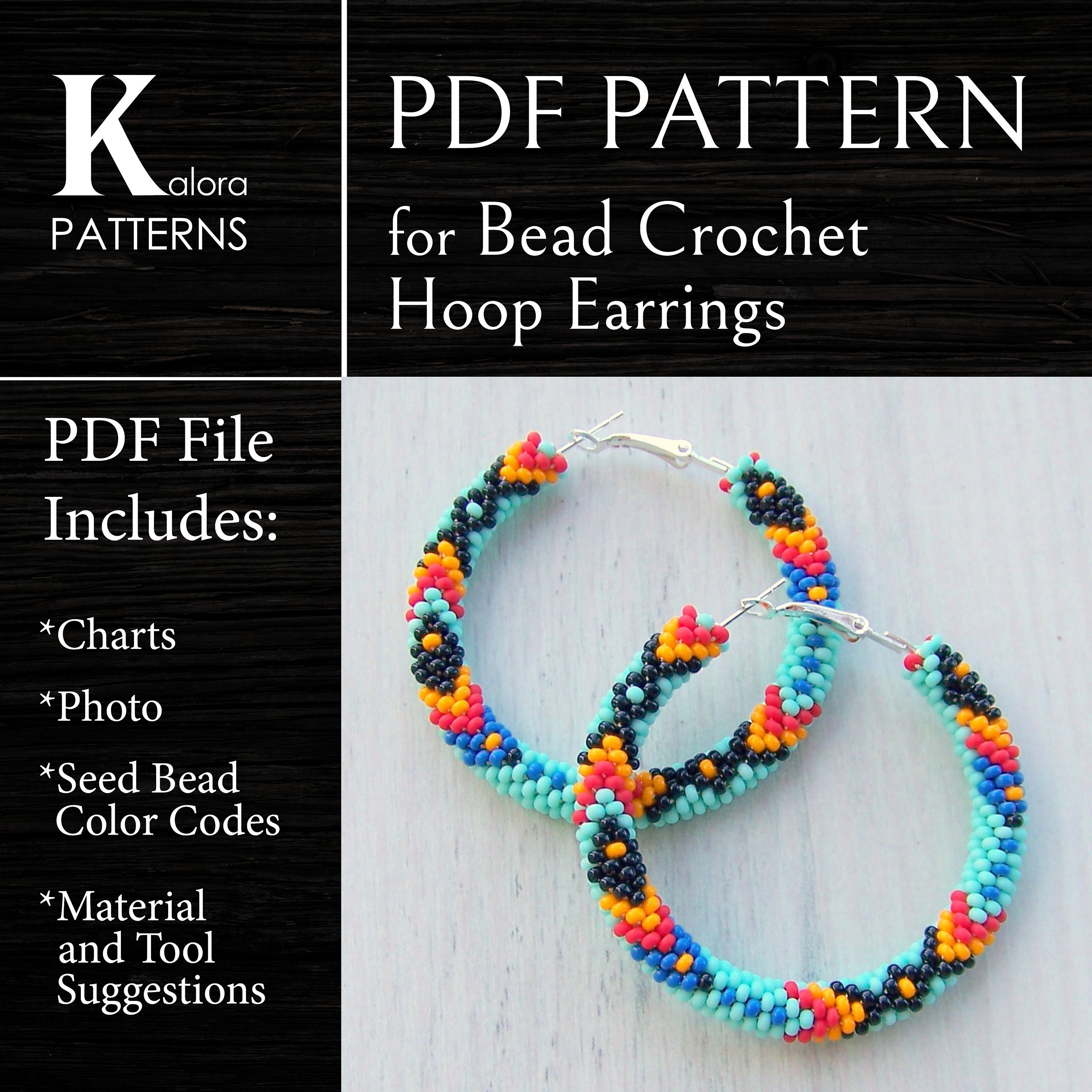Bead Crochet Native Hoop Earrings Pattern, PDF DIY Seed Beads large Hoops files, Beaded big Hoops ear rings project, Tribal style earrings