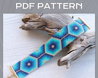 Peyote ODD Count bracelet pattern, Blue Gradient hexagon Miyuki Delica PDF Pattern, Beading geometric pattern wrist cuff download