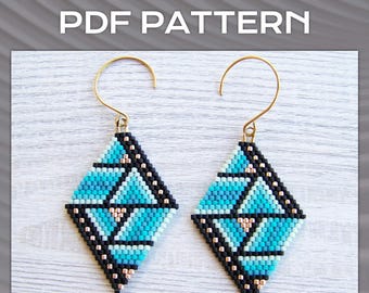 Turquoise Shades Rhombus Earrings Brick Stitch pattern, Miyuki Delica Diamond Shaped Beaded Earrings pattern, Boho ombre gradient pattern