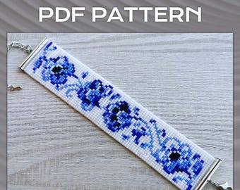 Flower print bracelet pattern, Floral Loom Bead Pattern, Miyuki Delica Bracelet PDF Pattern, PDF Beading wrist cuff instant download