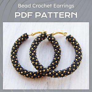 Patrones en PDF para pendientes de aro grandes con cuentas de semillas, proyecto de pendientes de aro grandes con cuentas negras y puntos dorados, patrón de crochet con cuentas DIY