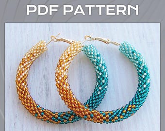 Ombre Gold Emerald hoop earrings pattern, DIY Bead Crochet hoops pattern, Gradient large Hoop Earrings PDF files, Beaded Shiny earrings PDF