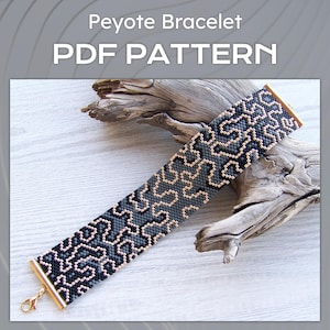 May include: A beaded peyote bracelet with a geometric pattern in shades of gray, black, and tan. The bracelet has gold-colored end caps and a clasp. The text "Peyote Bracelet PDF PATTERN" is at the top of the image.