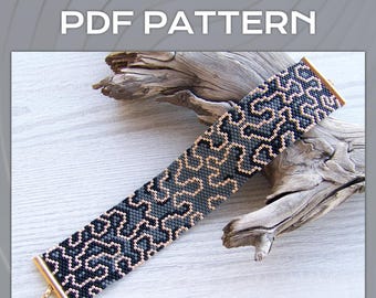 Abstract Peyote EVEN Count bracelet pattern, Black gold and grey modern Miyuki Delica PDF Pattern, Beading geometric wrist cuff download