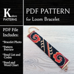 ビーズ織りブレスレットのパターン、DIY中国風ブレスレットのパターン、ミユキデリカブレスレットPDFパターン、ビーズの即時ダウンロード、ブラックレッド