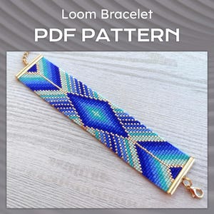 Blauwgouden ombre weefgetouw armband patroon, Miyuki Delica armband pdf-patroon, kralen blauw verloop geometrische polsmanchet instant download