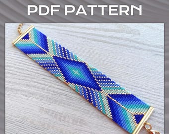 Blue Gold Ombre Loom bracelet pattern, Miyuki Delica Bracelet PDF Pattern, Beading blue gradient geometric wrist cuff instant download