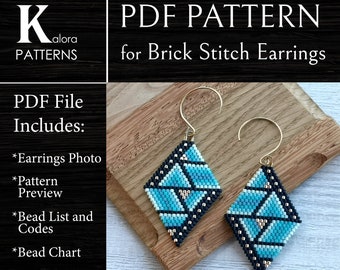Turquoise Shades Rhombus Earrings Brick Stitch pattern, Miyuki Delica Diamond Shaped Beaded Earrings pattern, Boho ombre gradient pattern