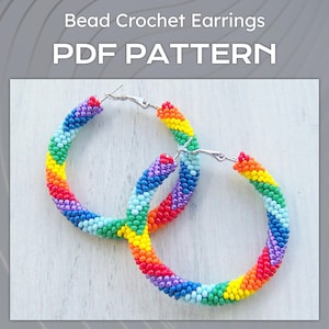 Bead Crochet Rainbow Earrings Pattern, DIY Seed Beads large Colorful Hoop Earrings PDF pattern files, Beaded big Hoops ear rings project