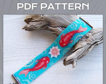 Koi Fish EVEN count Peyote bracelet pattern, Red Koi Fish in blue pond Miyuki Delica Bracelet PDF Pattern, Summer style bracelet PDF pattern