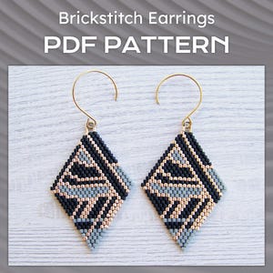 Art Deco-Ziegelstein-Ohrringe PDF Muster, Geometrisch Schwarz Grau Gold Raute Miyuki Delica Perlen Ohrring Muster, Ohrringe PDF Muster
