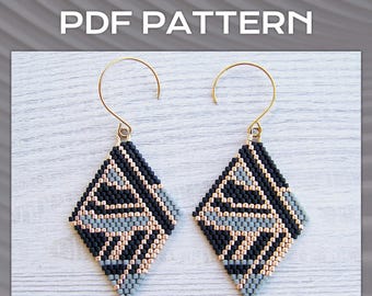Art Deco Brick Stitch Earrings PDF pattern, Geometric Black grey gold Rhombus Miyuki Delica Beaded Earring pattern, earrings PDF pattern