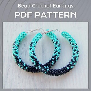 Ombre mint en zwart patroon oorringen, patroon met doe-het-zelf kraal gehaakte hoepels, pdf-bestanden grote oorringen, pdf-oorbellen met kralen