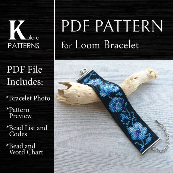 Blauwe bloemen Loom kraal patroon, Miyuki Delica armband PDF patroon, bloemenprint armband patroon, PDF kralen pols manchet direct downloaden