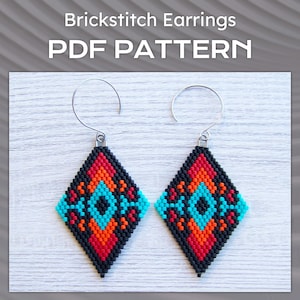 エスニックブリックステッチイヤリングのPDFパターン、菱形ミユキデリカビーズイヤリングのパターン、ネイティブトライバルイヤリングのPDFパターン