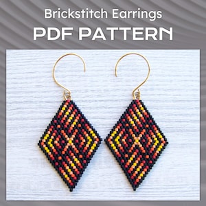 Patrón PDF de pendientes de punto de ladrillo geométrico abstracto, patrón de pendientes de cuentas Miyuki Delica con rombos amarillos, rojos y negros, patrón PDF de pendientes