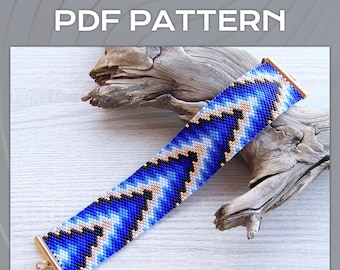Ombreblauw geometrisch peyote-armbandpatroon oneven count, Miyuki Delica-armband pdf-patroon, geometrisch zwart en goud polsmanchetpatroon