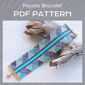 Peyote EVEN Count bracelet pattern, Miyuki Delica PDF Pattern, Beading Geometric blue turquoise and gold pattern wrist cuff download