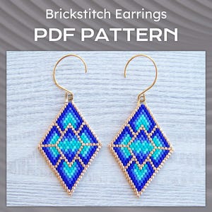 Geometrisches Ziegelstein-Stich-Ohrring-Muster, Blaues Farbverlauf Boho-Ohrringmuster, Rhombus Miyuki Delica Diamantförmige Perlenmuster