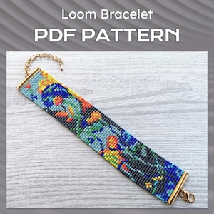 Impressionist Flower Loom Bralelet Pattern, Miyuki Delica PDF Pattern, Floral print bracelet pattern, Beading wrist cuff instant download