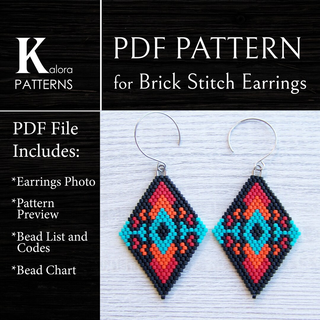 Ethnic Brick Stitch Earrings PDF Pattern, Rhombus Miyuki Delica Beaded ...