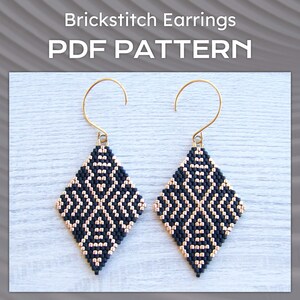 Brick Stitch Earrings PDF pattern, Gold Ornament in Black Miyuki Delica Beaded pattern, Rhombus Miyuki Delica Diamond Shape Beaded pattern