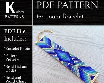 Blue Gold Ombre Loom bracelet pattern, Miyuki Delica Bracelet PDF Pattern, Beading blue gradient geometric wrist cuff instant download