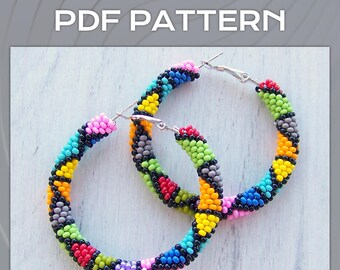 Bead Crochet Earrings Pattern, DIY Seed Beads large Geometric Hoop Earrings PDF pattern files, Beaded big Hoops ear rings project