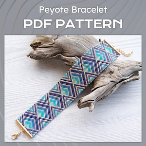 May include: A beaded peyote bracelet with a geometric pattern in shades of blue, teal, and tan. The bracelet has gold-colored metal findings and the text "Peyote Bracelet PDF PATTERN" in white.