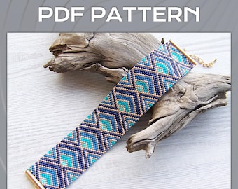 Blauw ombre geometrisch Peyote Odd Count-armbandpatroon, Miyuki Delica-armband pdf-patroon, verloop polsmanchetpatroon kralen