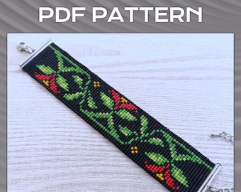 Geometric Flower Loom Bead Pattern, Miyuki Delica Bracelet PDF Pattern, Floral print bracelet pattern, Beading wrist cuff instant download