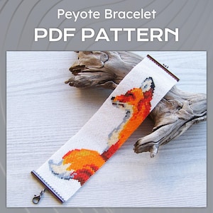May include: A Peyote Bracelet PDF PATTERN featuring a beaded design of a fox with orange, white, and black fur on a white background. The bracelet has metallic end caps and a lobster clasp. The text Peyote Bracelet PDF PATTERN is visible.