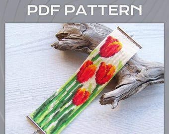 Tulpen-Peyote-Armbandmuster, gerade Stückzahl, Miyuki Delica PDF, rotes florales Armband (digitaler Download)