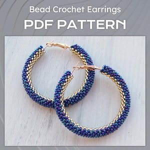 Patrón de pendientes de aro de crochet con cuentas, patrón de aros azules dorados ombré DIY, archivos PDF de pendientes de aro grandes, PDF de pendientes brillantes con cuentas