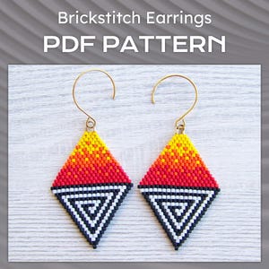 Geometrische steensteek oorbellen pdf-patroon, geel rood kleurverloop modern oorbellenpatroon, ruit Miyuki Delica Diamond Shape kralenpatroon