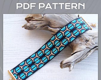 Blauw ombre geometrisch Peyote Odd Count-armbandpatroon, Miyuki Delica-armband pdf-patroon, verloop polsmanchetpatroon kralen
