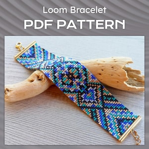 Schema per perline con telaio, schema per bracciale geometrico fai da te, schema PDF per bracciale Miyuki Delica, download immediato di PDF per perline