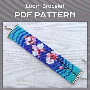 Orchid Flower bracelet pattern, Floral Loom Bead Pattern, Miyuki Delica Bracelet PDF Pattern, PDF Beading wrist cuff instant download
