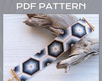 Peyote ODD Count bracelet pattern, Miyuki Delica PDF Pattern, Beading Geometric black, grey, white, gold hexagon pattern wrist cuff download