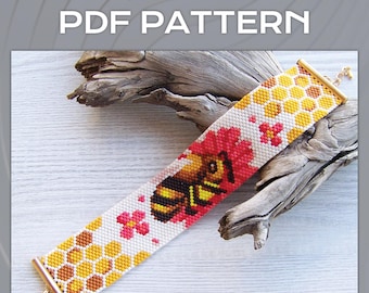 Bee on the Flower Peyote EVEN Count bracelet pattern, Miyuki Delica PDF Pattern, Beading  Hive and bee pattern wrist cuff download